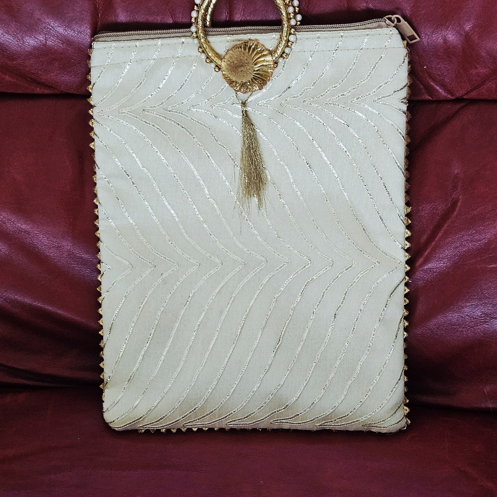 Metallic Gold Round Handles Gift Bag Reusable Decorative Pouch Zippered Top